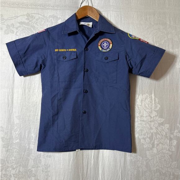 Boy Scout Youth Medium Button Up Shirt Navy Patches Crossroads of America Flag - Picture 1 of 9